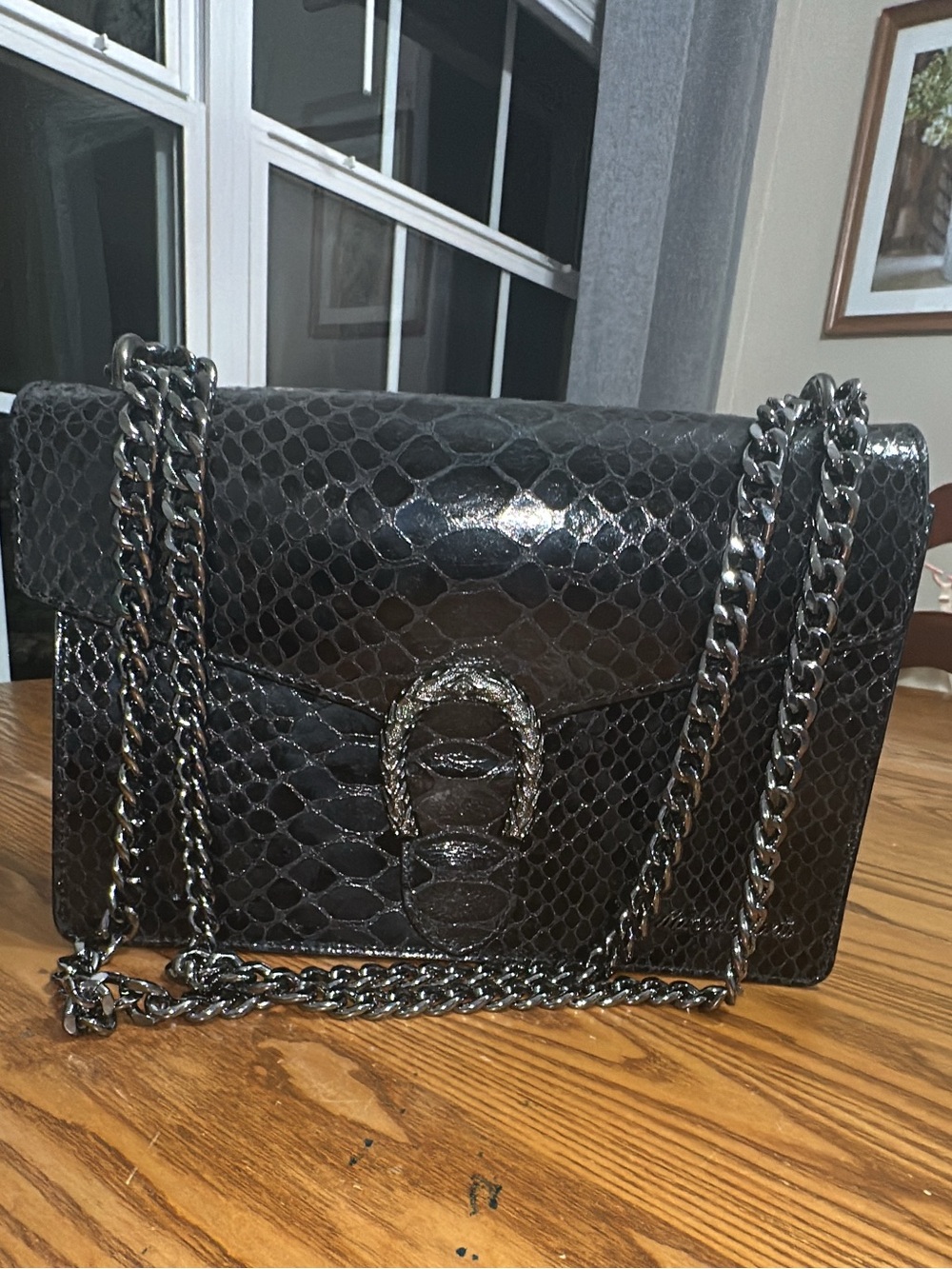 Marina Galanti ITALY Horseshoe Leather Crossbody Bag Chain Black Reptile Large